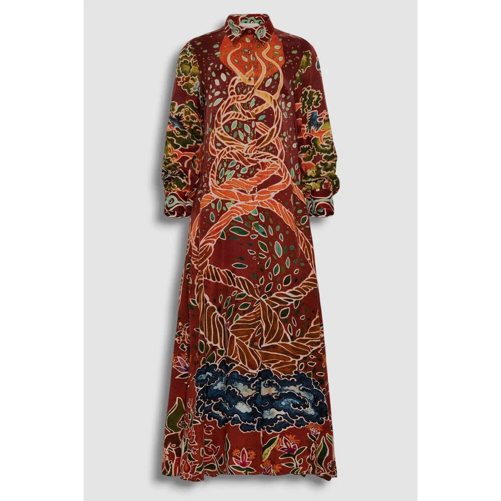 $396 Carolina K Women's Red Collared Long Sleeve Self-Tie Maxi Dress Size M - Picture 3 of 5